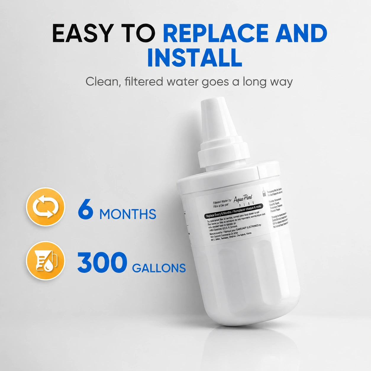 Samsung DA29-00003F refrigerator water filter replacement image highlighting easy installation, 6 month filter life, and 300 gallon filtration capacity for clean filtered refrigerator water