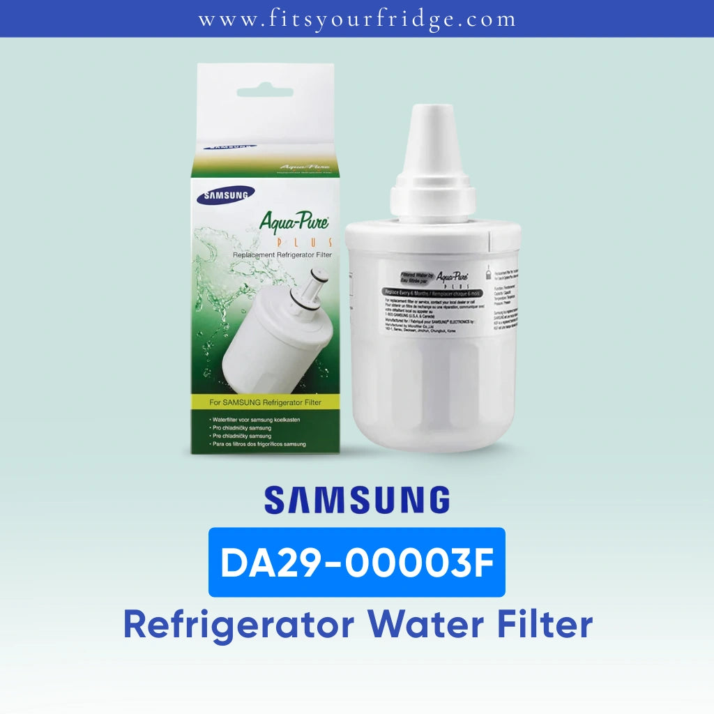 Samsung DA29-00003F refrigerator water filter with Aqua-Pure Plus replacement filter packaging for compatible Samsung refrigerator water filtration systems