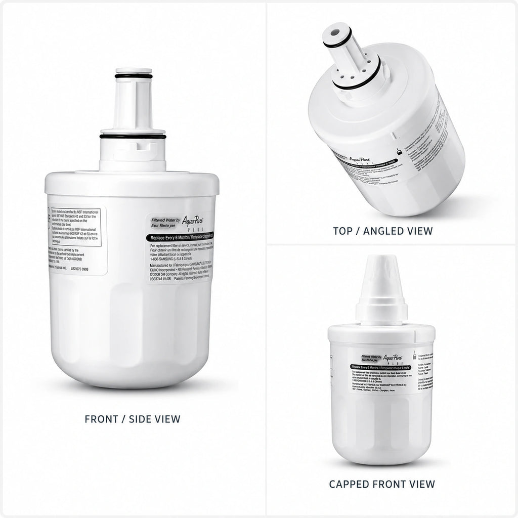 Samsung DA29-00003F refrigerator water filter cartridge multi-angle product view showing front side, top connector view, and capped front view for compatible Samsung refrigerator water filtration systems