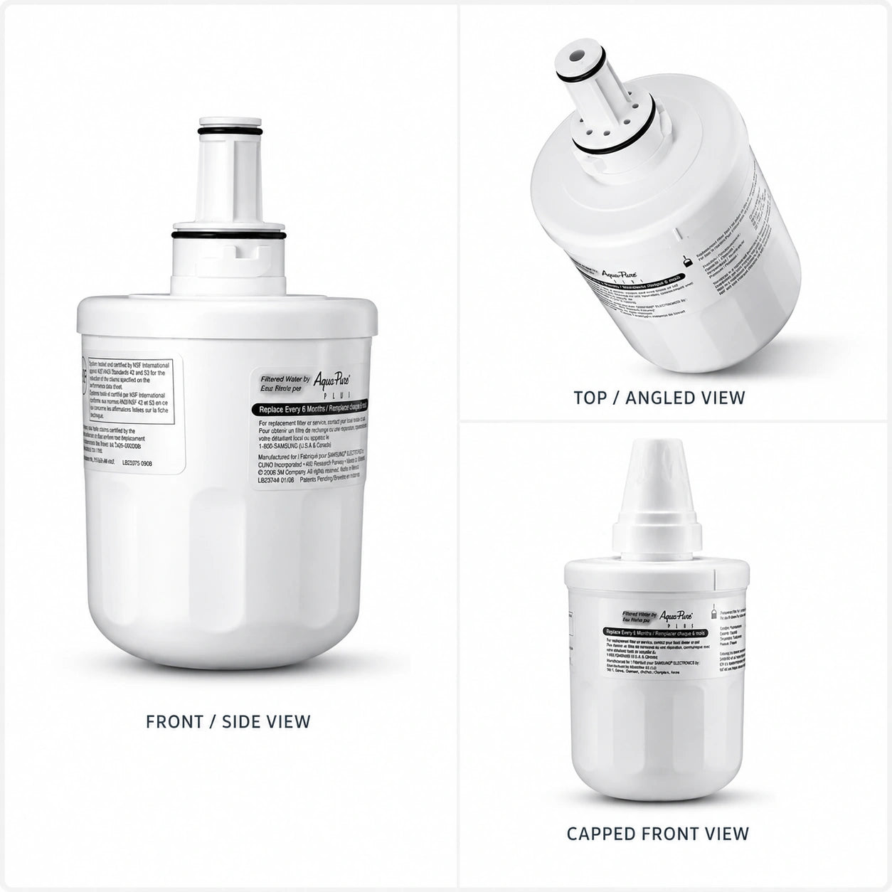 Samsung DA29-00003F refrigerator water filter cartridge multi-angle product view showing front side, top connector view, and capped front view for compatible Samsung refrigerator water filtration systems