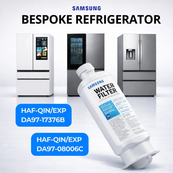 Samsung Bespoke refrigerator models using HAF-QIN/EXP water filter including DA97-17376B and DA97-08006C, shown with Samsung Bespoke refrigerators and replacement water filter cartridge.