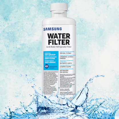 Samsung water filter bottle with water splashing around on a light blue background