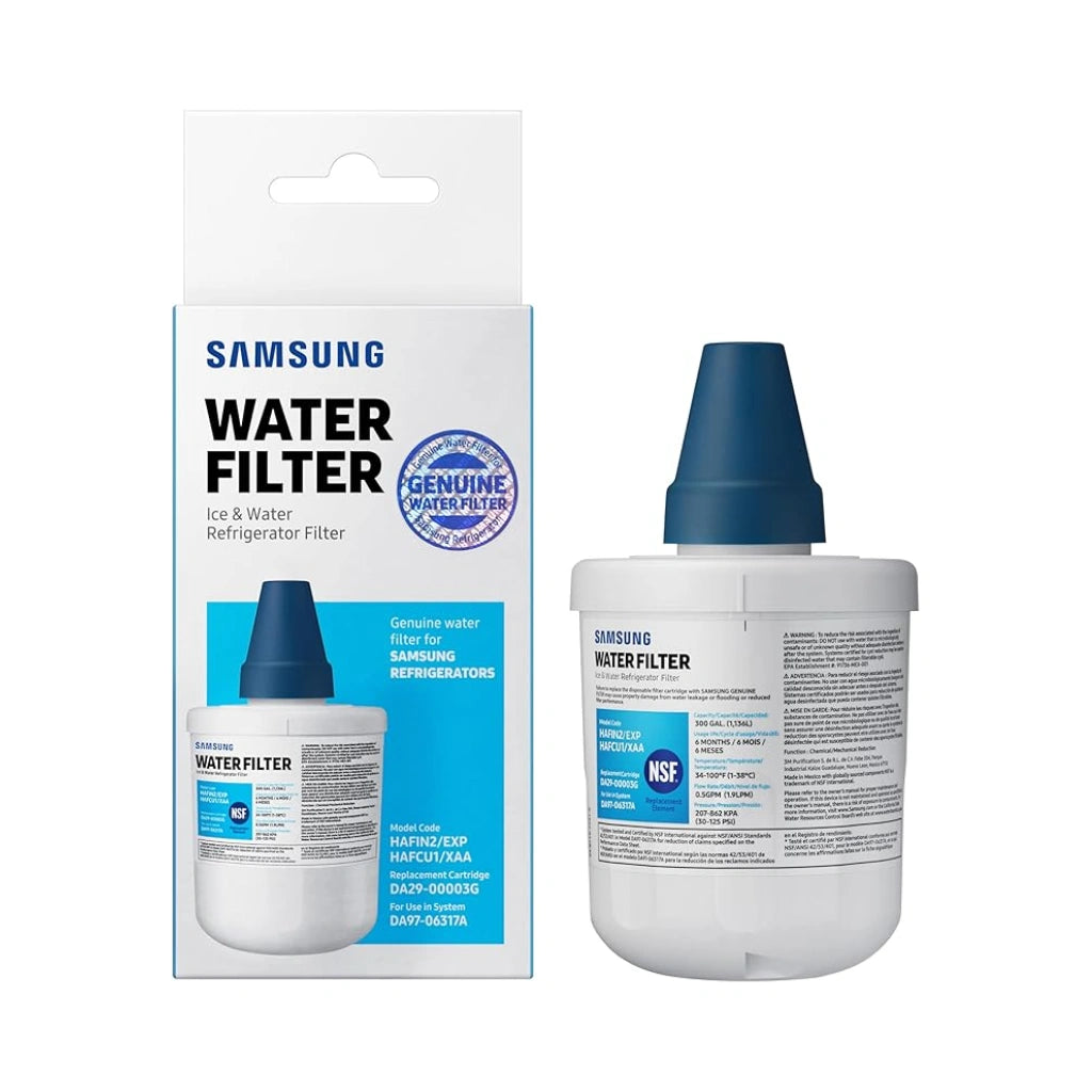 Samsung water filter with packaging on a white background