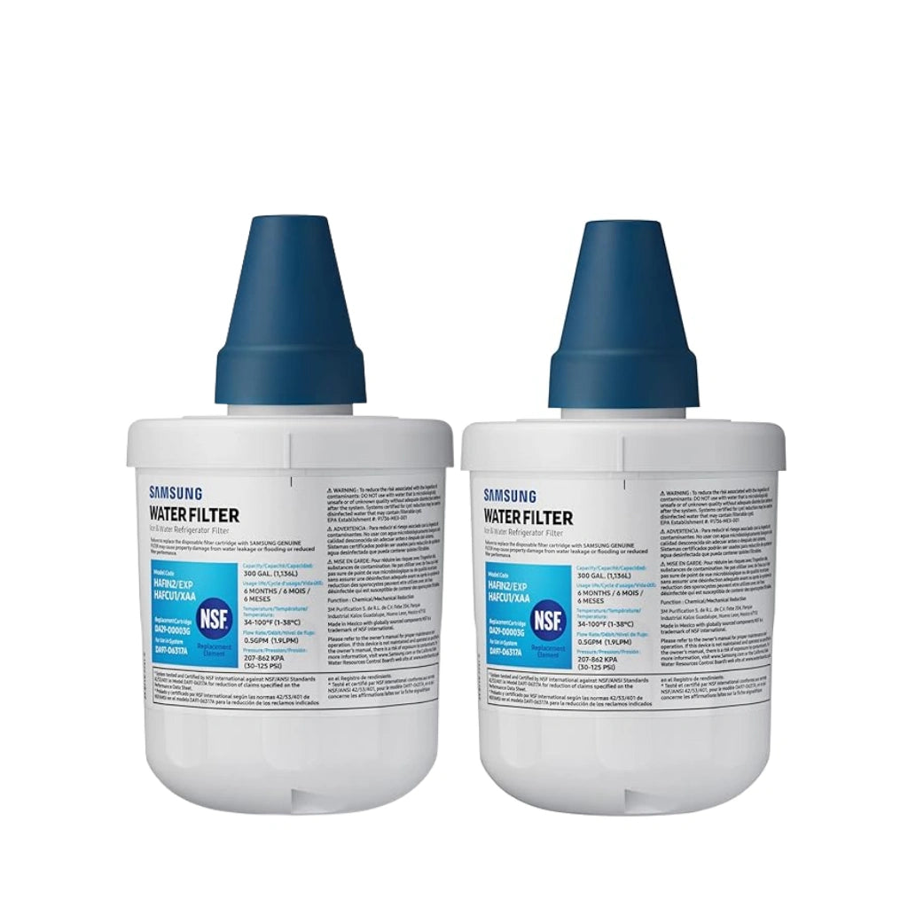 Two Samsung water filters with blue tops on a white background