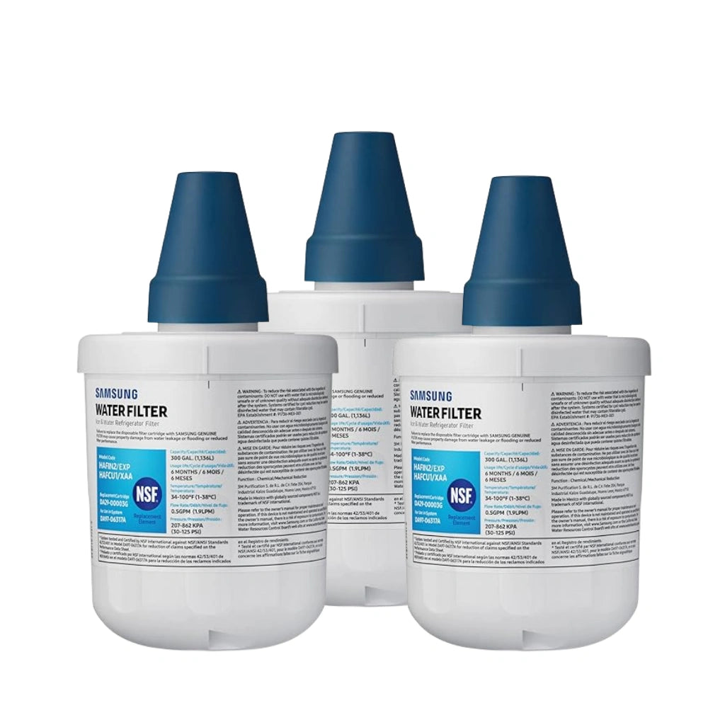 Three Samsung water filters with blue caps on a white background