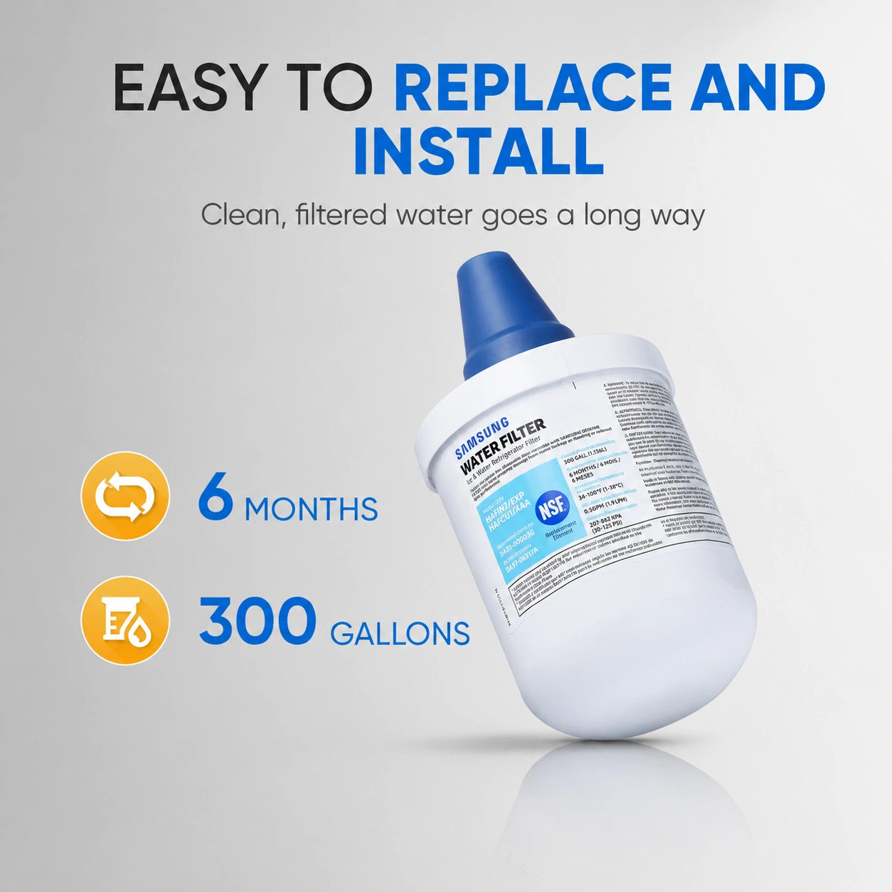 Samsung DA29-00003G refrigerator water filter replacement, easy to replace and install, lasts 6 months or 300 gallons for clean, filtered drinking water and ice quality
