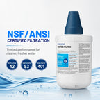 Samsung DA29-00003G refrigerator water filter with NSF/ANSI 42, 53, and 401 certified filtration, reduces contaminants for cleaner, fresher tasting drinking water and ice quality