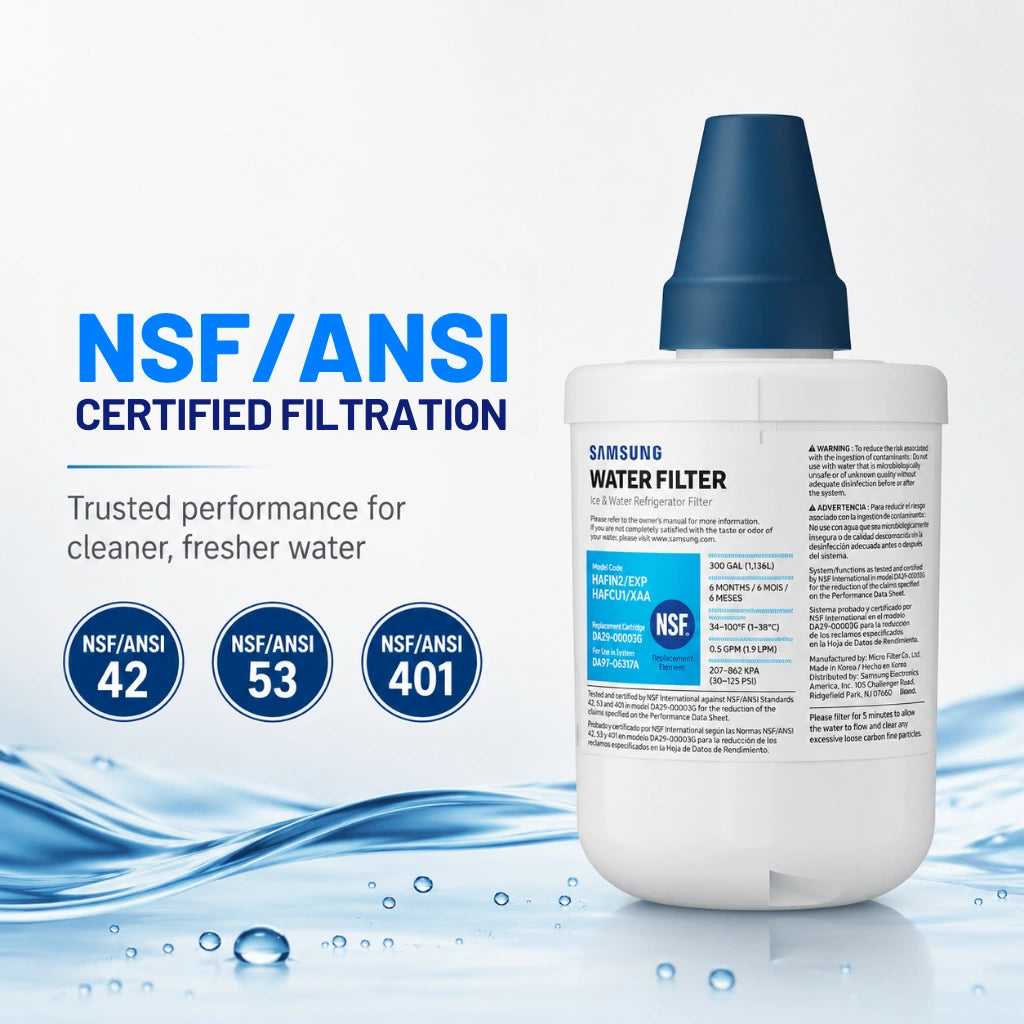 Samsung DA29-00003G refrigerator water filter with NSF/ANSI 42, 53, and 401 certified filtration, reduces contaminants for cleaner, fresher tasting drinking water and ice quality