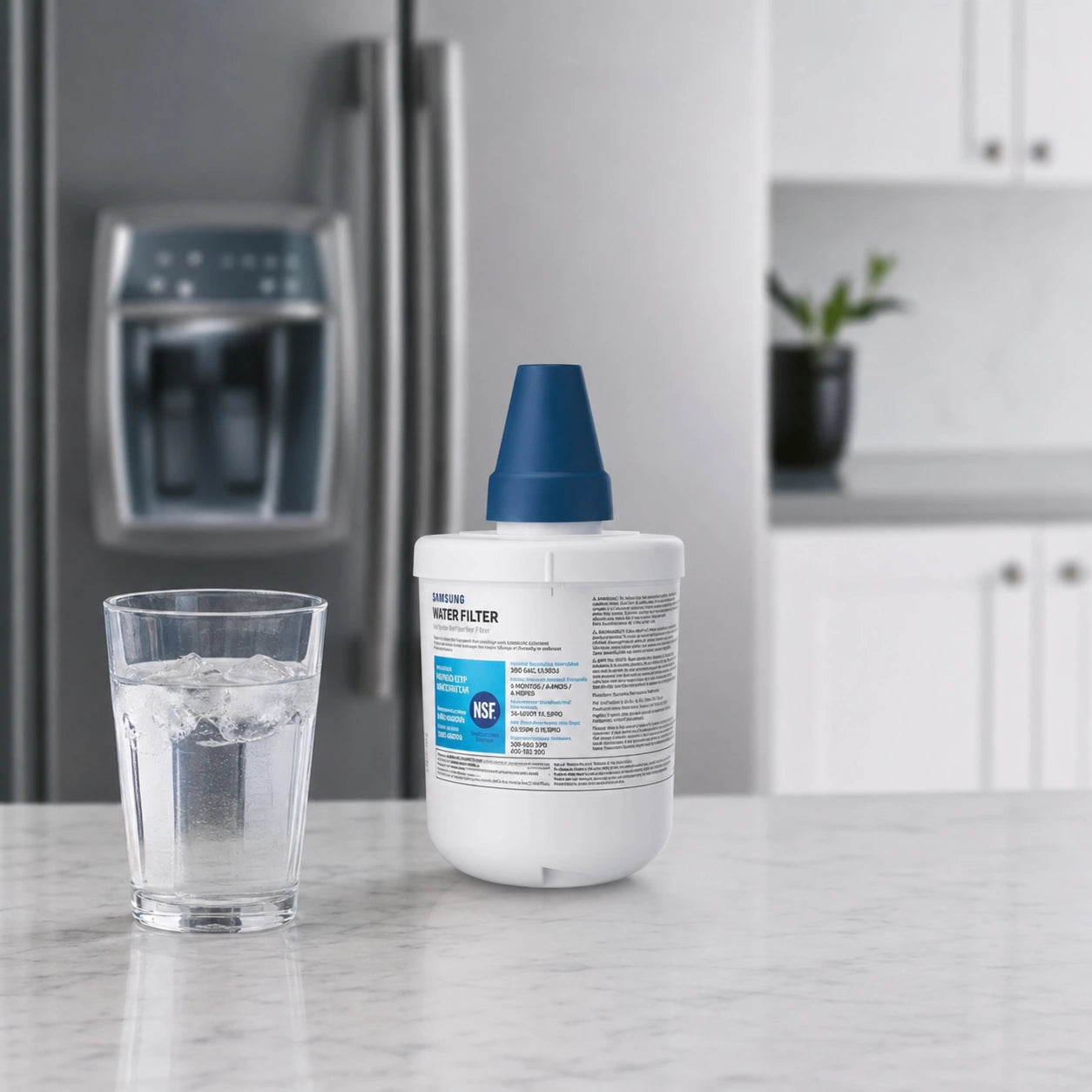 Samsung DA29-00003G refrigerator water filter replacement on kitchen counter with glass of ice water, designed to provide clean, fresh-tasting filtered water for Samsung refrigerators