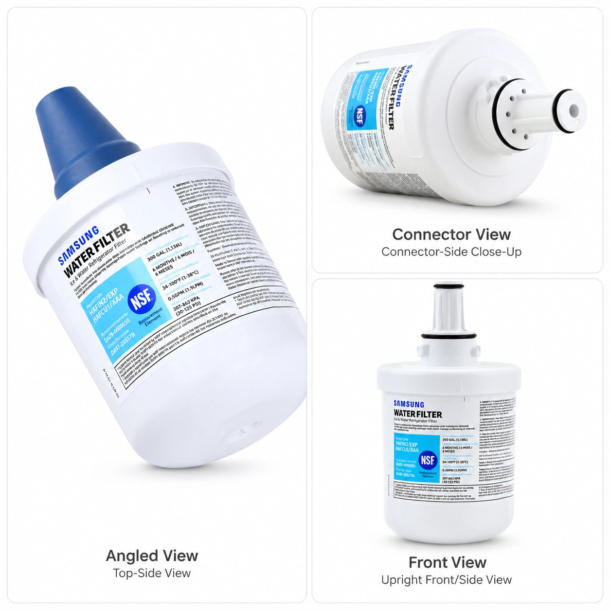 Samsung refrigerator DA29-00003G water filter multi-view image showing angled top-side view, connector-side close-up, and upright front view for compatibility, installation, and filter design reference.