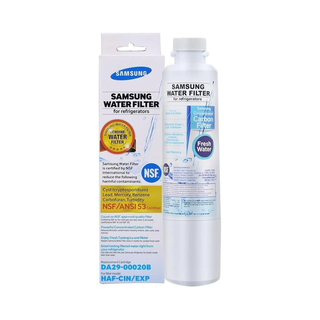 Samsung water filter for refrigerators with packaging on a white background