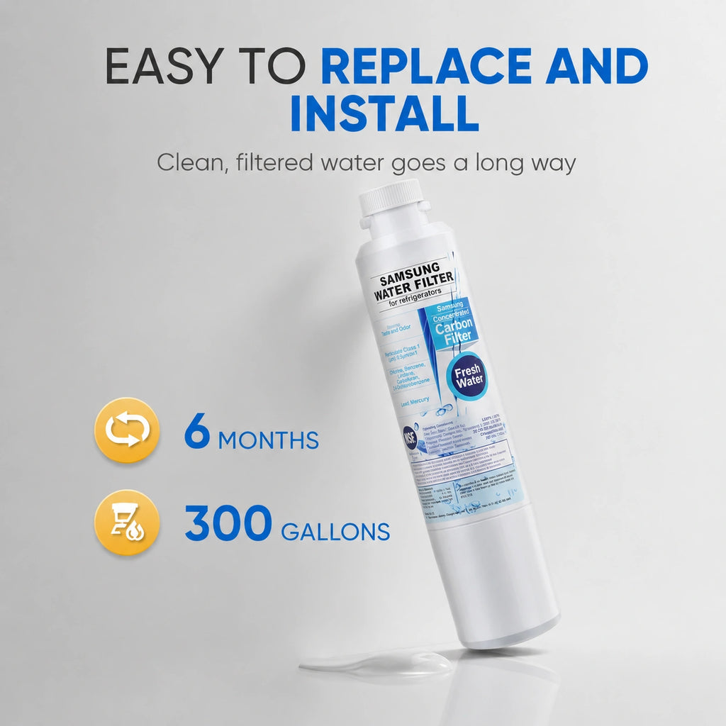 Samsung DA29-00020B refrigerator water filter replacement, easy to replace and install, lasts 6 months or 300 gallons for clean, filtered drinking water and fresh ice quality