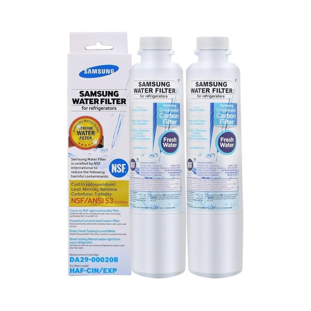 Samsung water filter for refrigerators with packaging on a white background