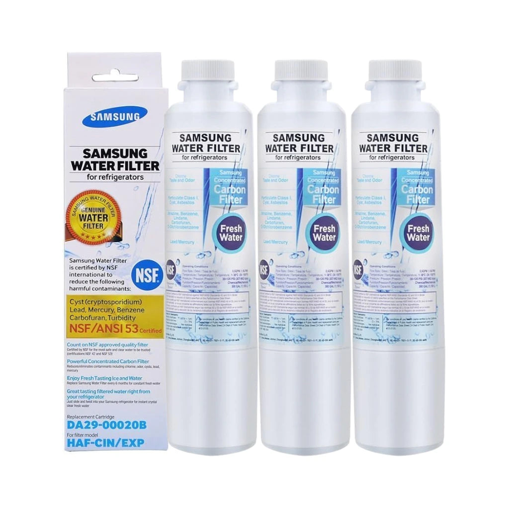 Samsung water filters for refrigerators with packaging on a white background