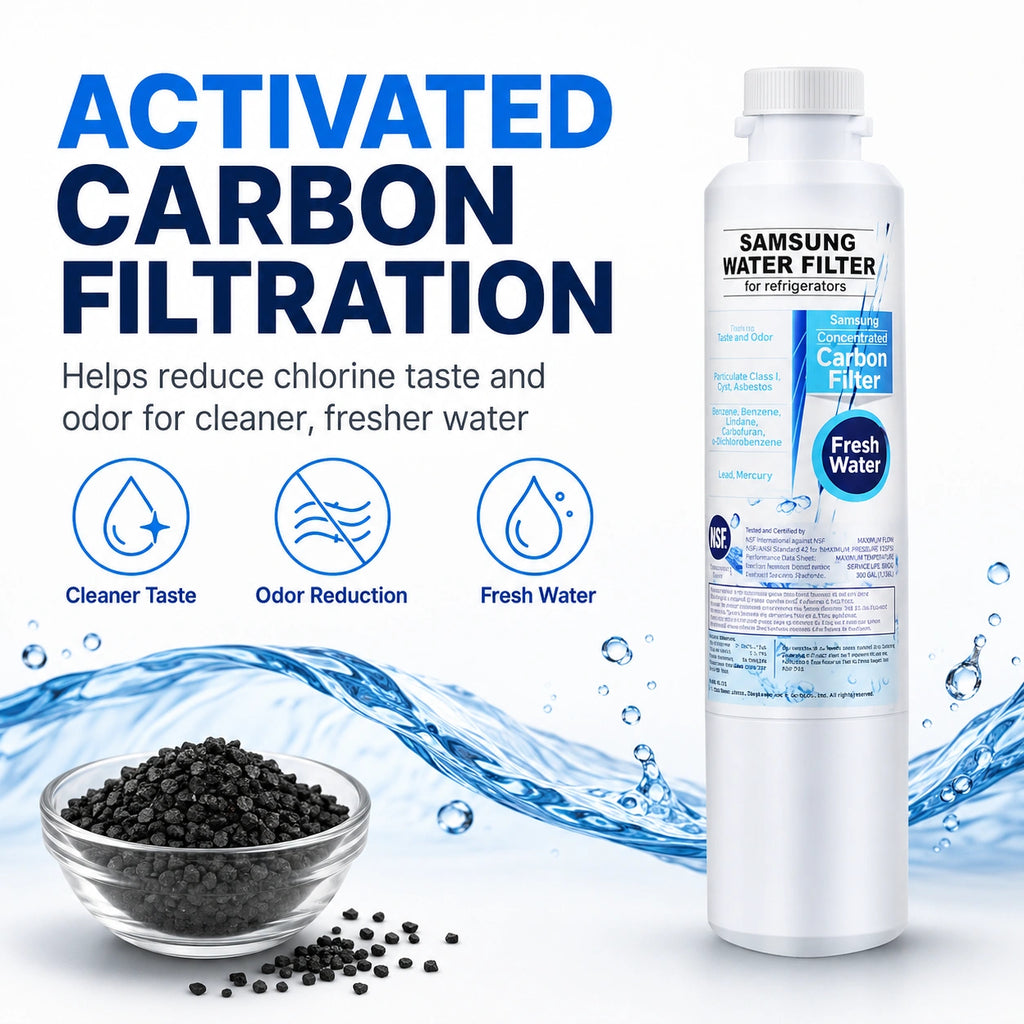 Samsung DA29-00020B refrigerator water filter with activated carbon filtration, helps reduce chlorine taste and odor for cleaner, fresher drinking water and improved water quality