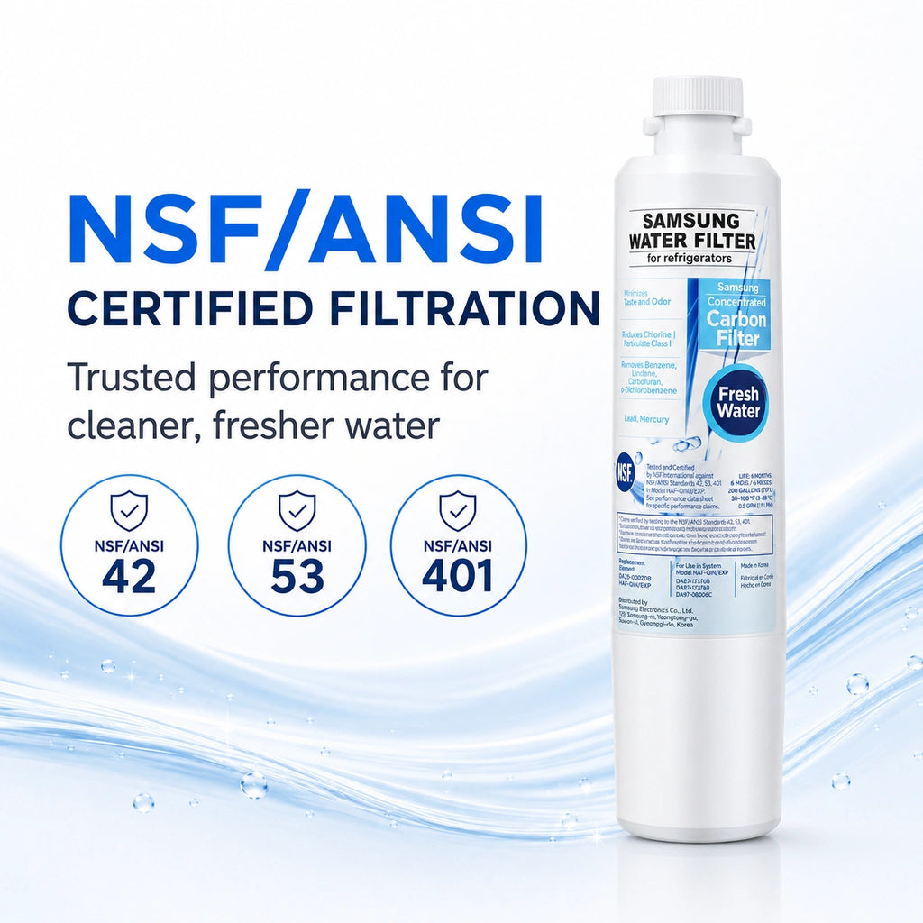 Samsung DA29-00020B refrigerator water filter with NSF/ANSI 42, 53, and 401 certified filtration, helps reduce contaminants for cleaner, fresher tasting drinking water and improved ice quality