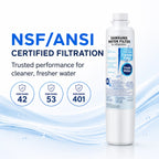 Samsung DA29-00020B refrigerator water filter with NSF/ANSI 42, 53, and 401 certified filtration, helps reduce contaminants for cleaner, fresher tasting drinking water and improved ice quality