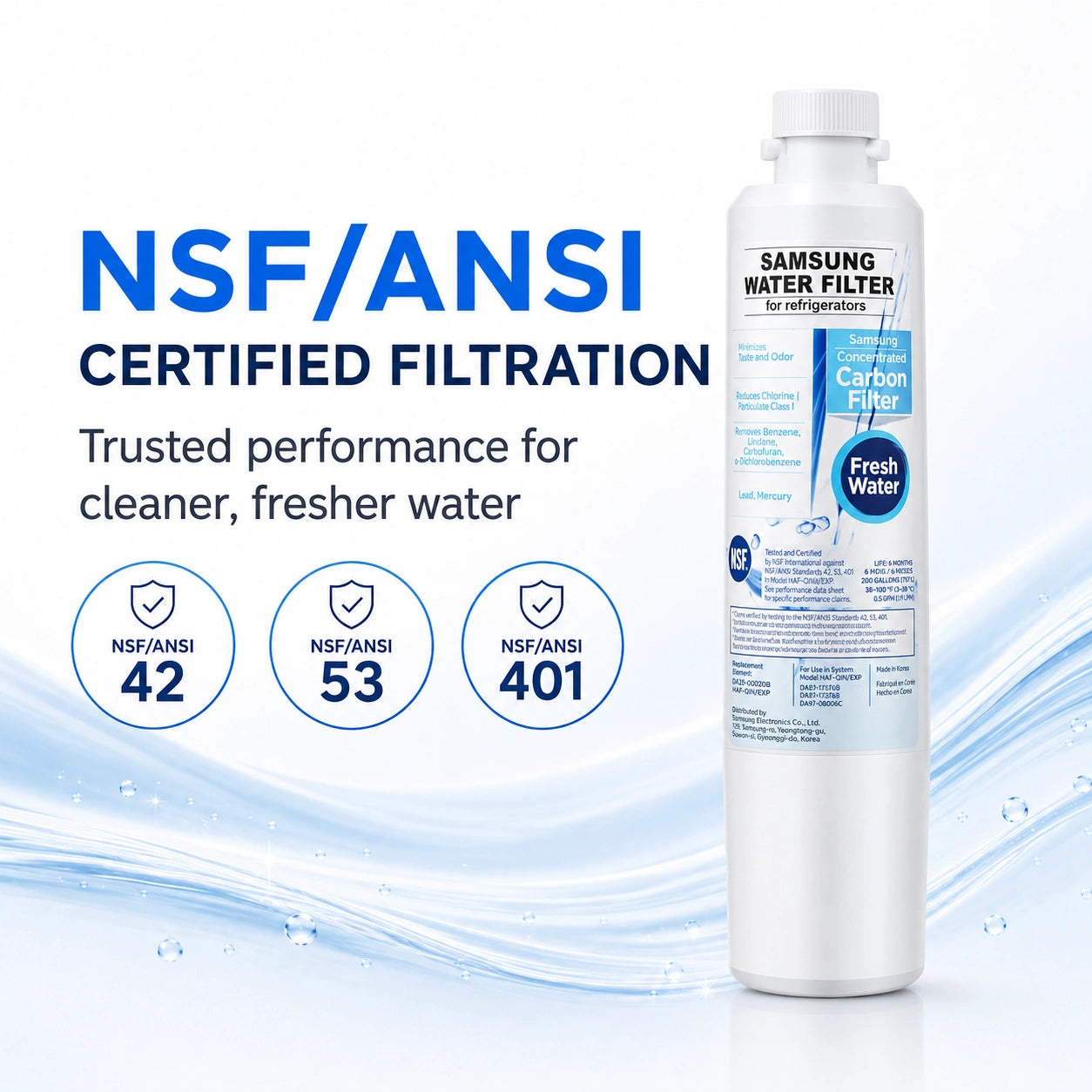 Samsung DA29-00020B refrigerator water filter with NSF/ANSI 42, 53, and 401 certified filtration, helps reduce contaminants for cleaner, fresher tasting drinking water and improved ice quality