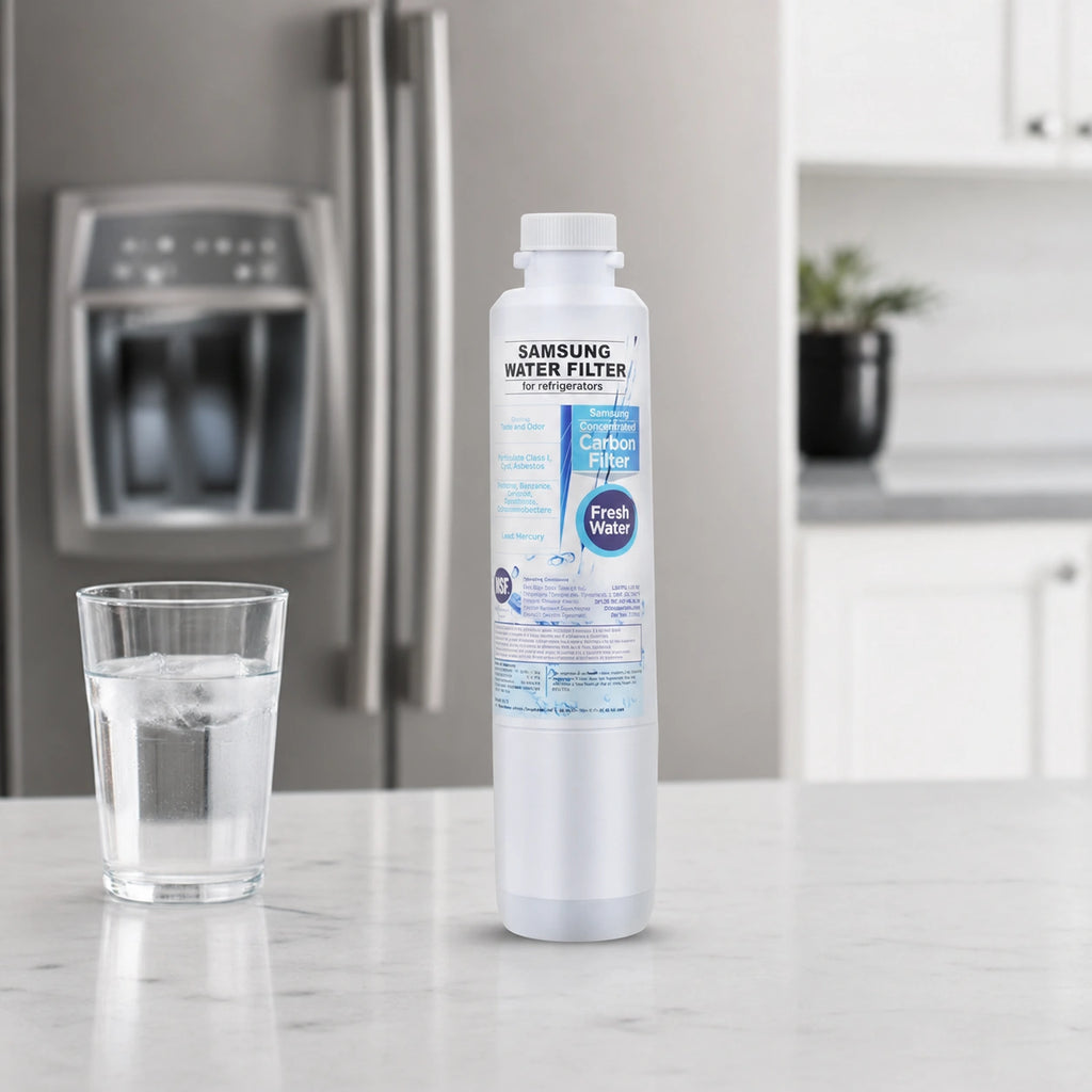 Samsung DA29-00020B refrigerator water filter replacement on kitchen counter with glass of ice water, designed to deliver clean, fresh-tasting filtered water for Samsung refrigerators