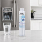 Samsung DA29-00020B refrigerator water filter replacement on kitchen counter with glass of ice water, designed to deliver clean, fresh-tasting filtered water for Samsung refrigerators