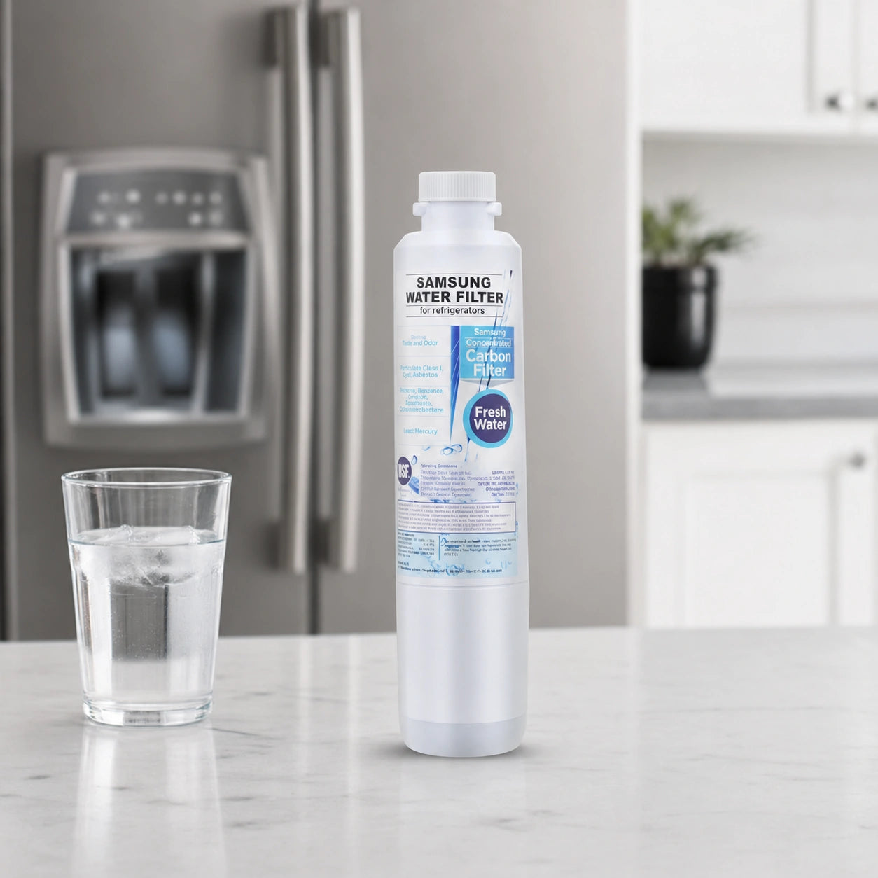 Samsung DA29-00020B refrigerator water filter replacement on kitchen counter with glass of ice water, designed to deliver clean, fresh-tasting filtered water for Samsung refrigerators