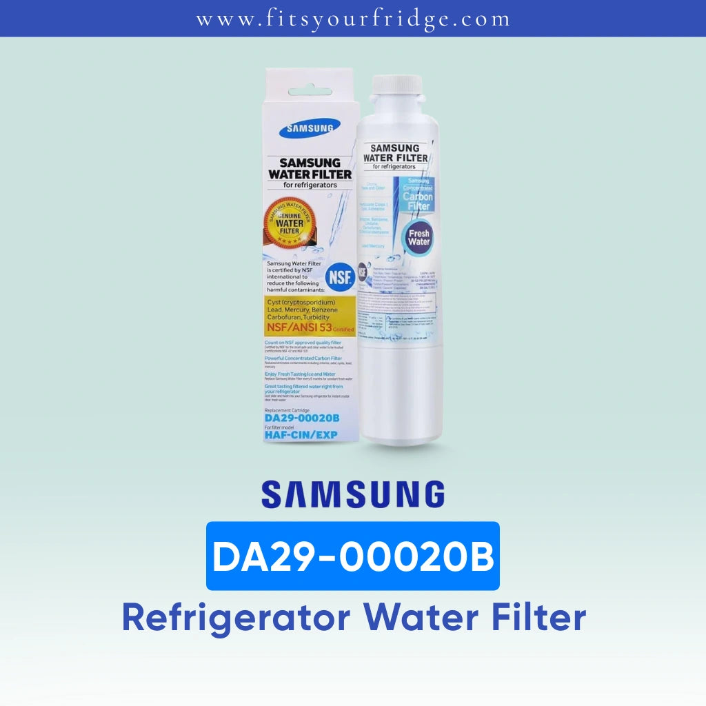 Samsung DA29-00020B refrigerator water filter replacement with genuine Samsung filter cartridge and packaging, designed for cleaner, fresher drinking water and refrigerator filtration systems