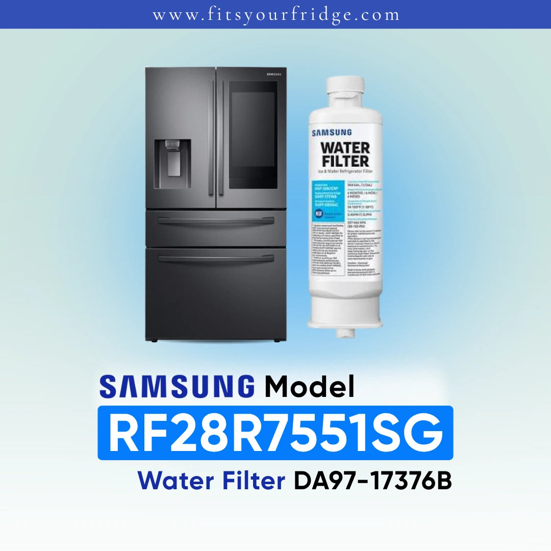 Samsung water filter replacement part for a French door refrigerator, shown next to the refrigerator graphic on a light blue gradient background with text reading 'SAMSUNG Model RF28R7551SG Water Filter DA97-17376B'.