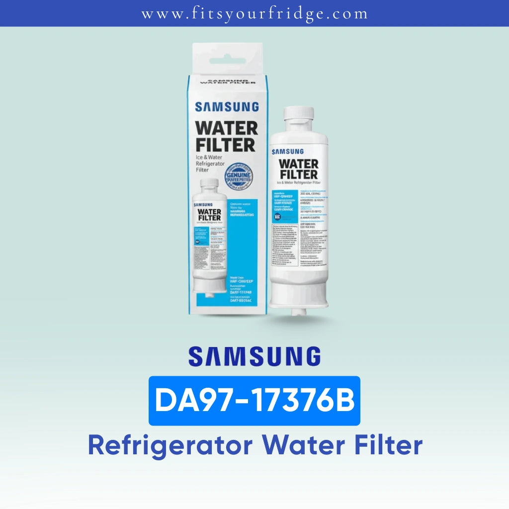 Samsung DA97-17376B refrigerator water filter replacement with retail packaging for compatible Samsung French door refrigerator water filtration systems