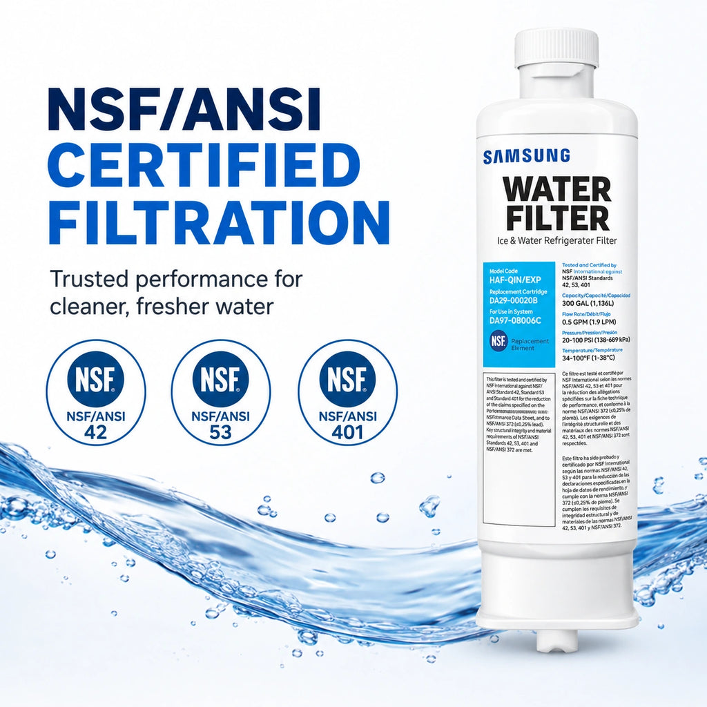 Samsung DA97-17376B refrigerator water filter with NSF/ANSI 42, 53, and 401 certified filtration for cleaner, fresher water in compatible Samsung refrigerator systems
