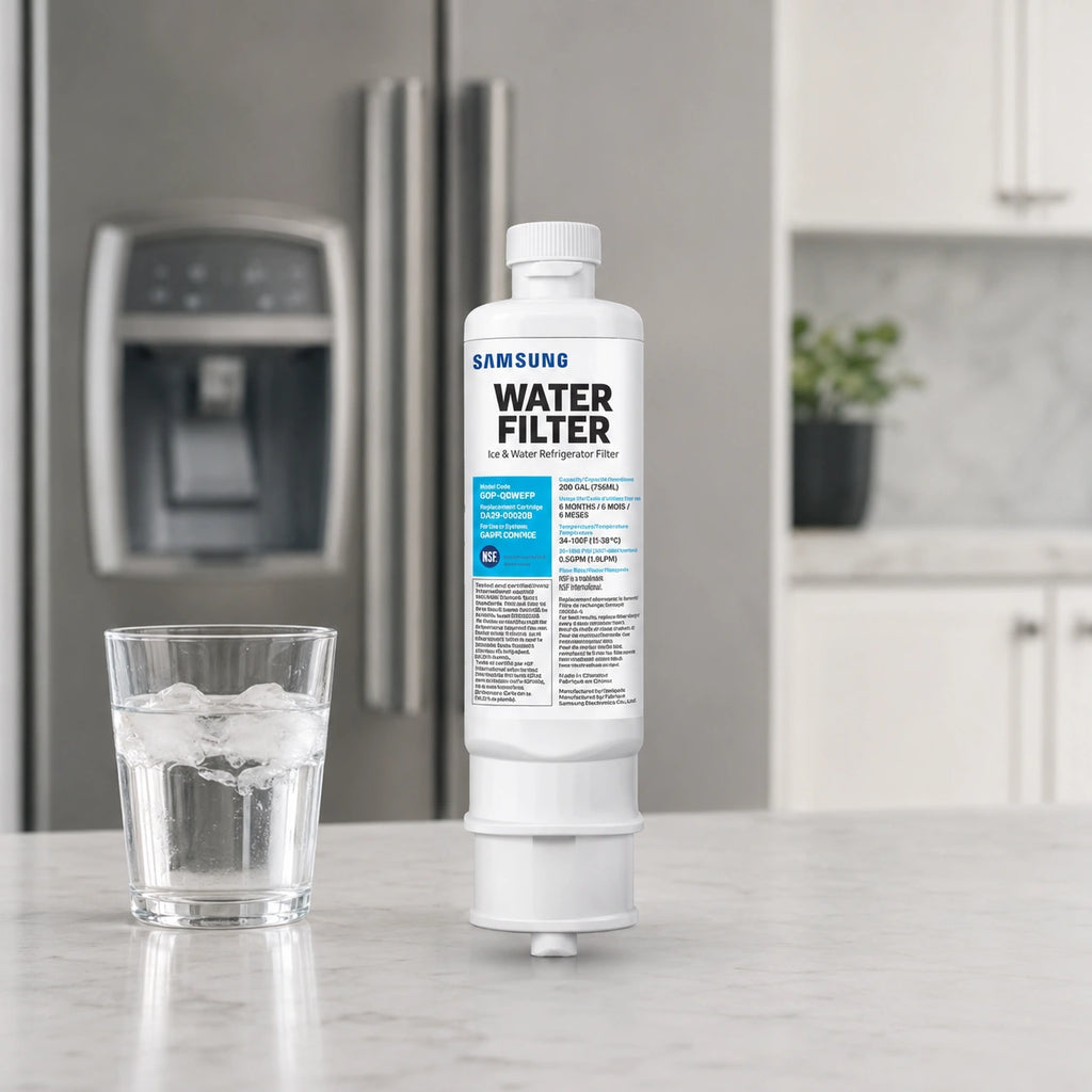 Samsung DA97-17376B refrigerator water filter displayed on kitchen counter beside a glass of ice water with modern refrigerator background for fresh clean filtered drinking water concept