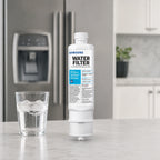 Samsung DA97-17376B refrigerator water filter displayed on kitchen counter beside a glass of ice water with modern refrigerator background for fresh clean filtered drinking water concept