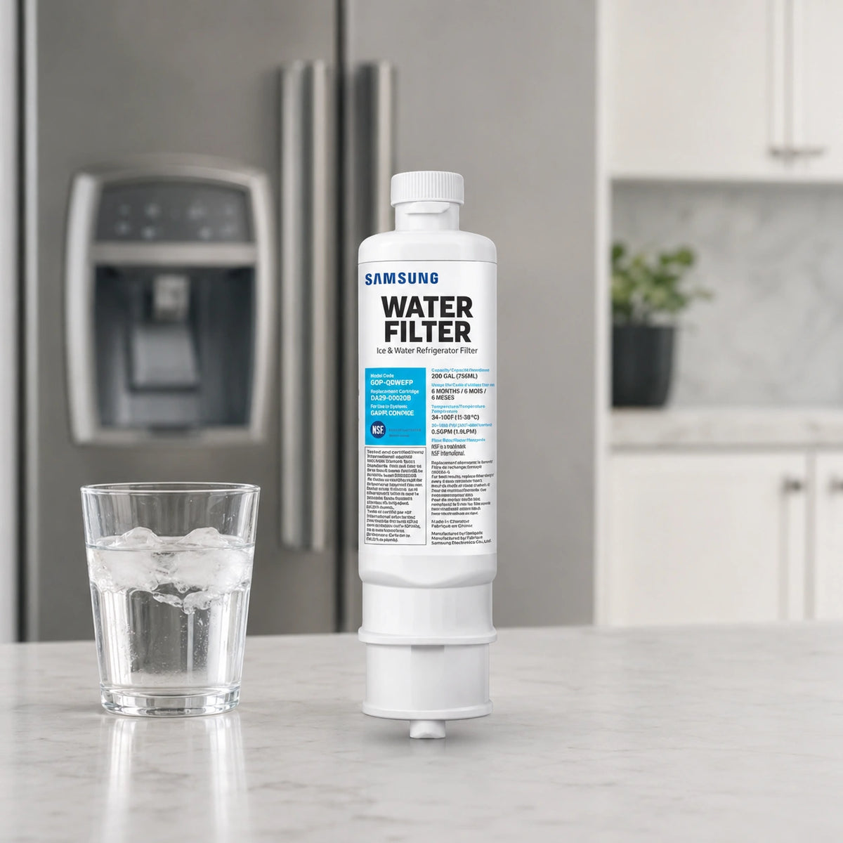 Samsung DA97-17376B refrigerator water filter displayed on kitchen counter beside a glass of ice water with modern refrigerator background for fresh clean filtered drinking water concept
