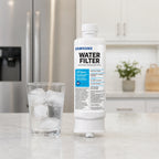 Samsung DA97-17376B refrigerator water filter displayed on kitchen counter beside a glass of ice water with modern refrigerator background for fresh clean filtered drinking water concept