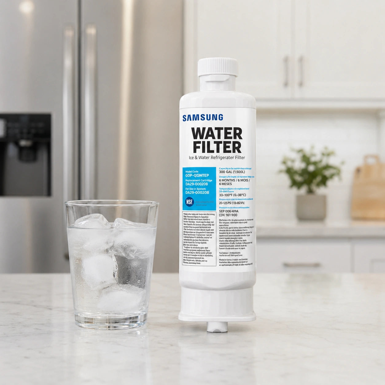 Samsung DA97-17376B refrigerator water filter displayed on kitchen counter beside a glass of ice water with modern refrigerator background for fresh clean filtered drinking water concept