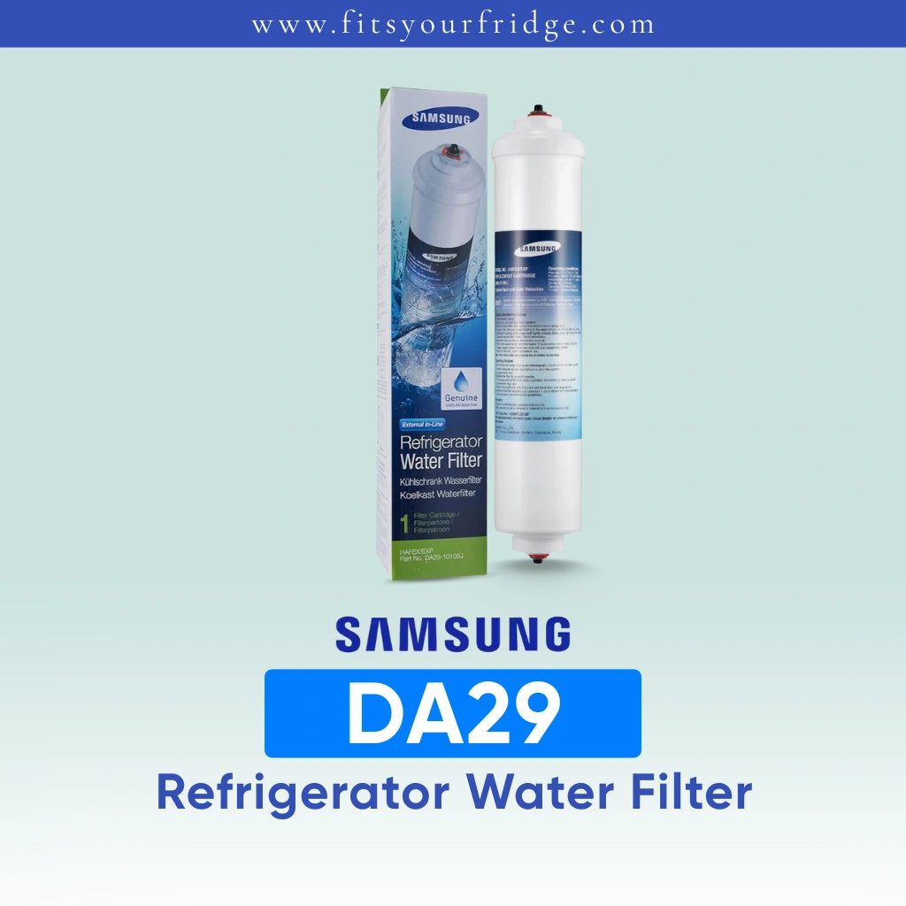 Samsung DA29-10105J refrigerator water filter replacement with genuine Samsung filter cartridge and packaging, designed for clean, fresh-tasting drinking water and refrigerator filtration systems