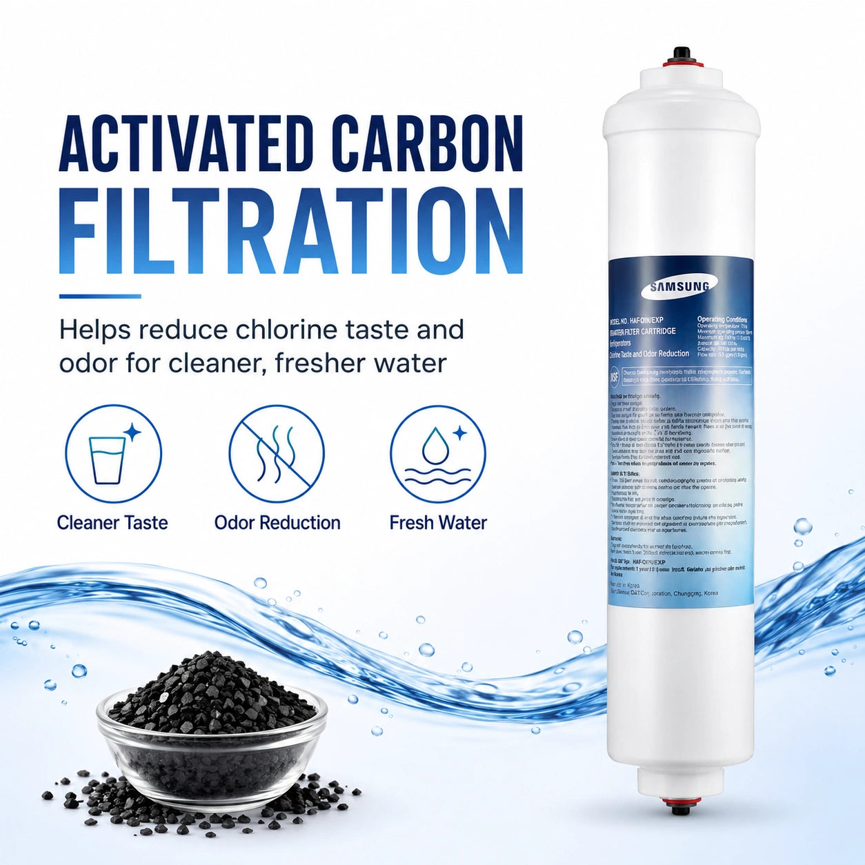 Samsung DA29-10105J refrigerator water filter with activated carbon filtration, helps reduce chlorine taste and odor for cleaner, fresher drinking water and improved water quality