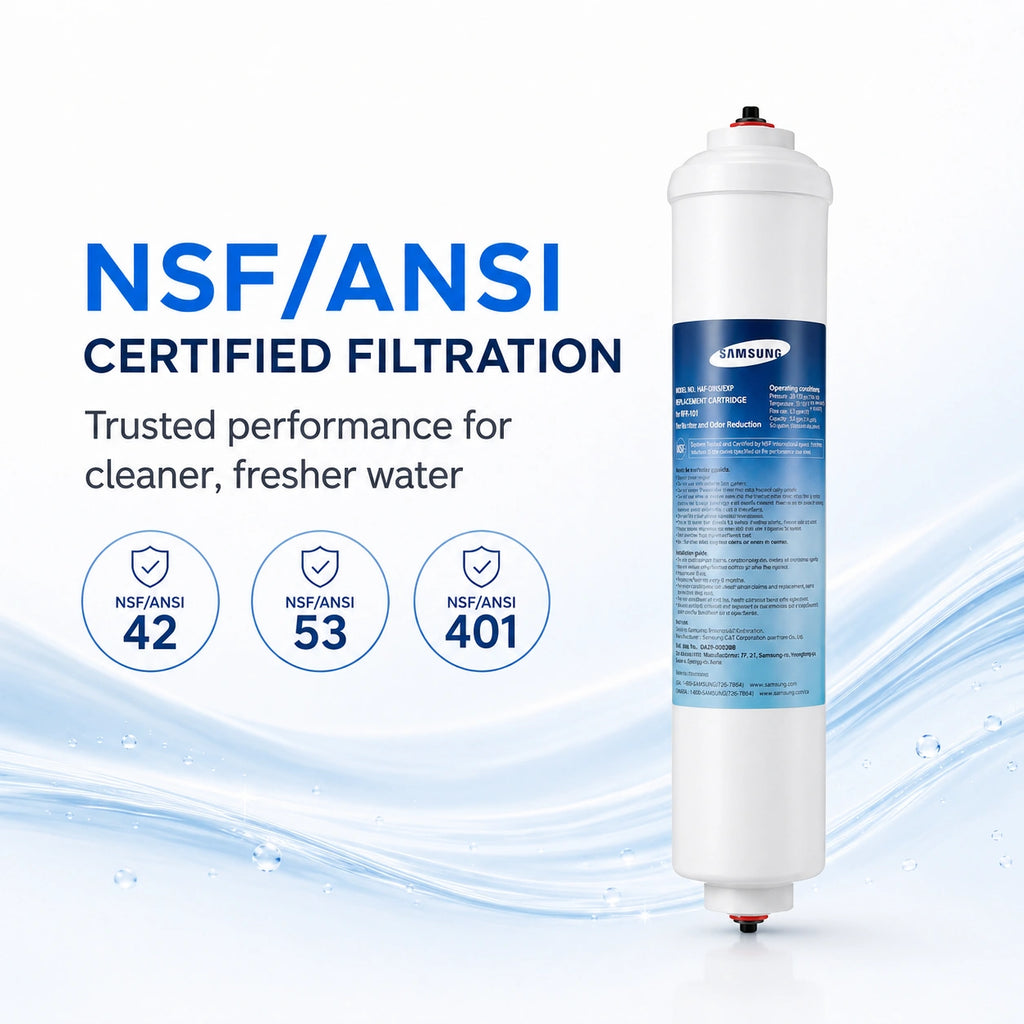 Samsung DA29-10105J refrigerator water filter with NSF/ANSI 42, 53, and 401 certified filtration, reduces contaminants for cleaner, fresher tasting drinking water and ice quality