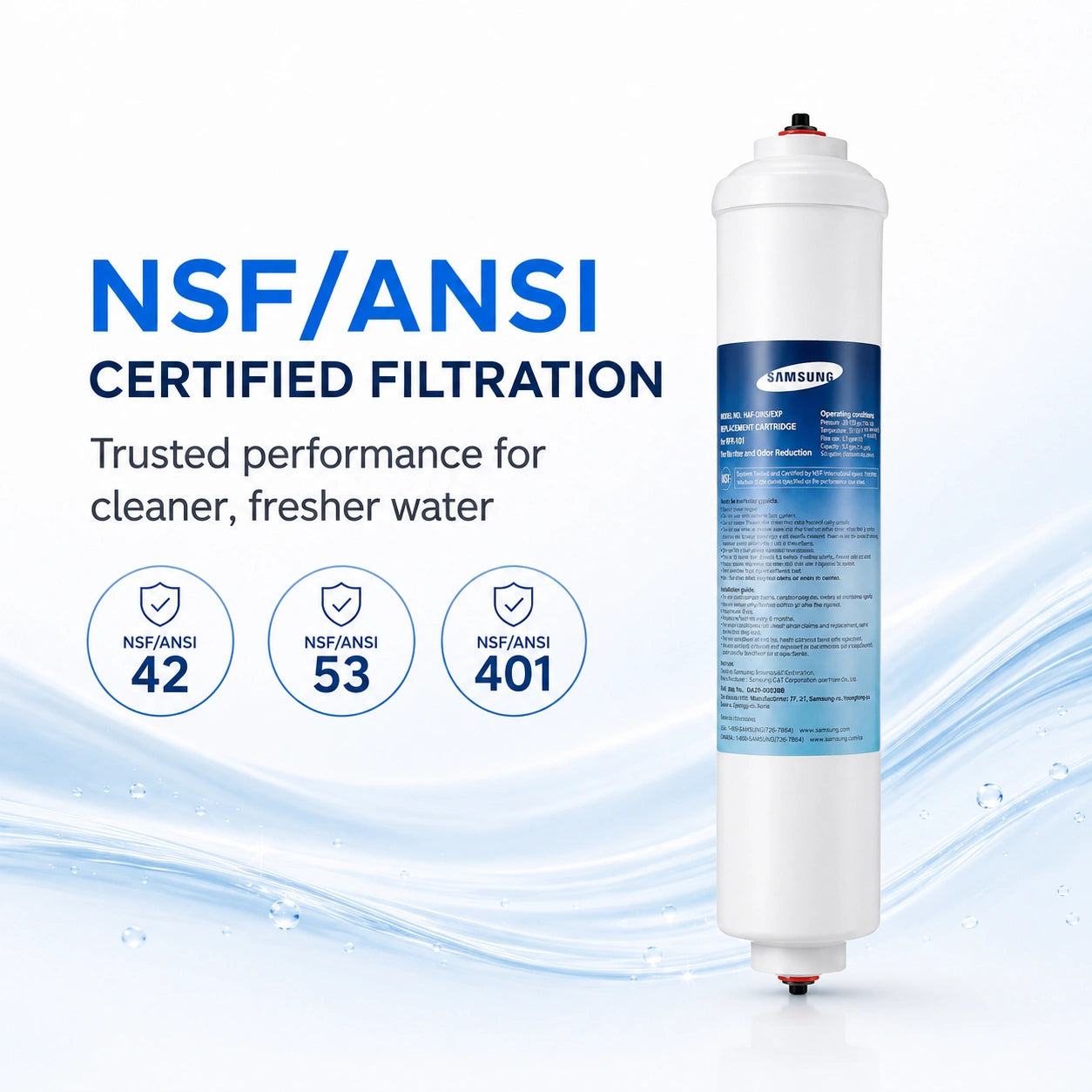 Samsung DA29-10105J refrigerator water filter with NSF/ANSI 42, 53, and 401 certified filtration, reduces contaminants for cleaner, fresher tasting drinking water and ice quality