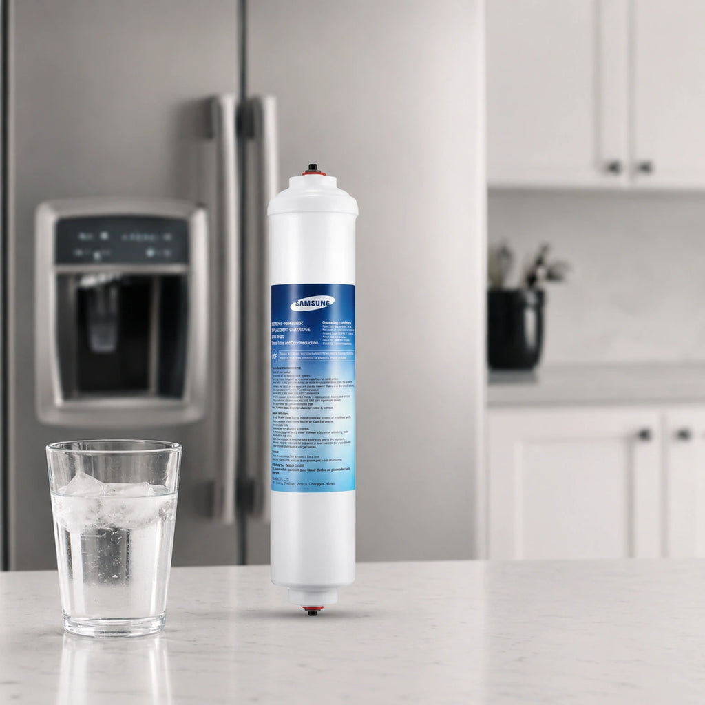 Samsung DA29-10105J refrigerator water filter replacement cartridge on kitchen counter with glass of ice water, designed to provide clean, fresh-tasting filtered water from Samsung refrigerators