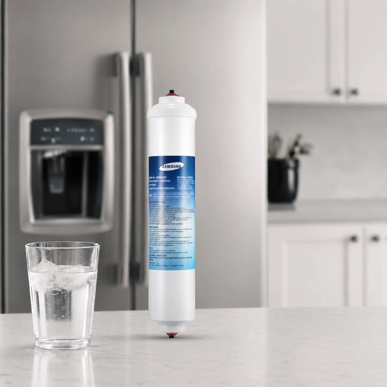 Samsung DA29-10105J refrigerator water filter replacement cartridge on kitchen counter with glass of ice water, designed to provide clean, fresh-tasting filtered water from Samsung refrigerators
