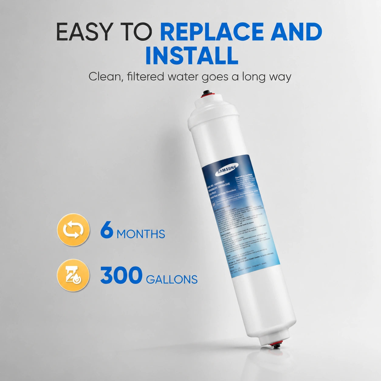 Samsung DA29-10105J refrigerator water filter replacement cartridge, easy to replace and install, lasts 6 months or 300 gallons for clean, filtered drinking water and ice quality