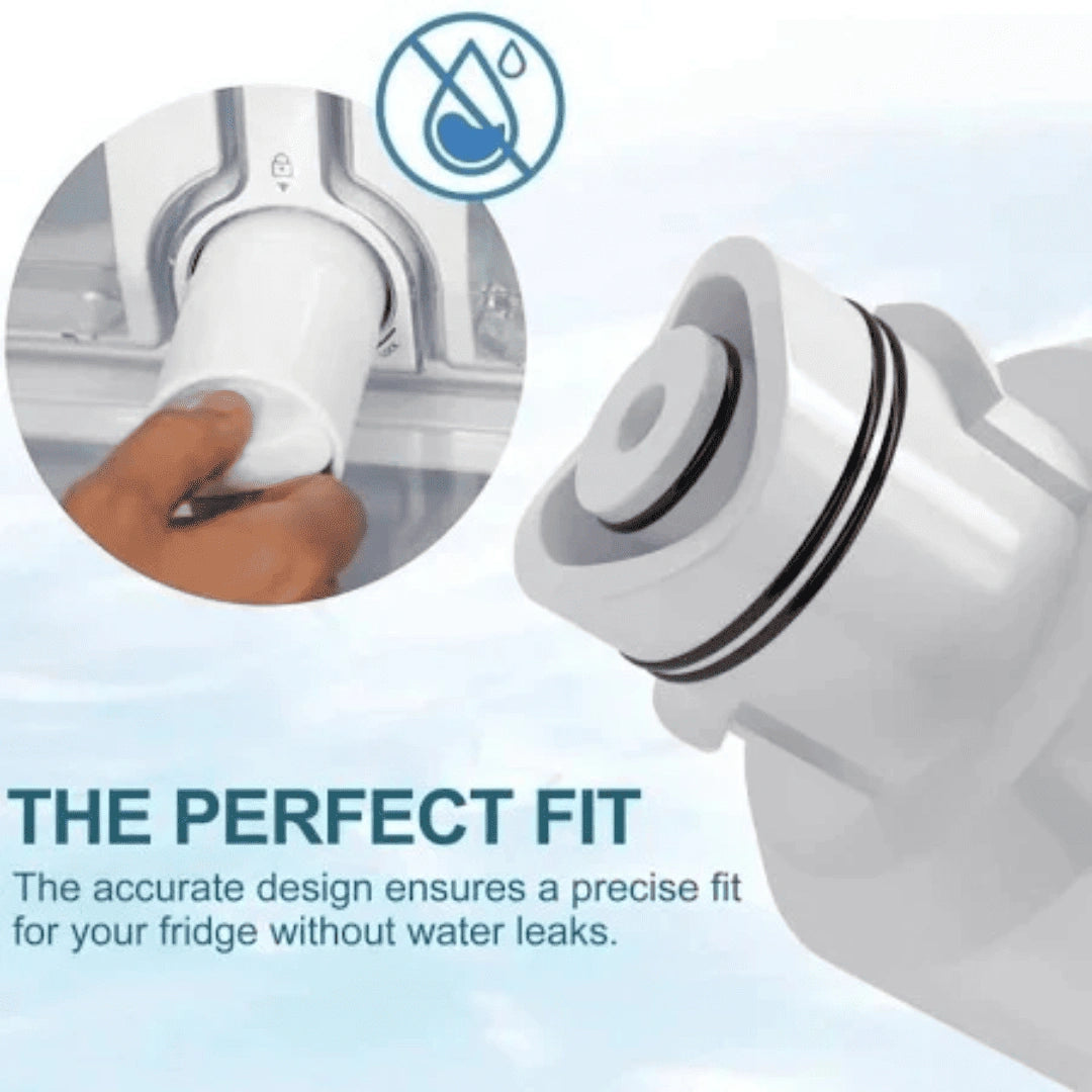 Samsung HAF QIN/EXP refrigerator water filter showing twist-lock installation and leak-free fit design