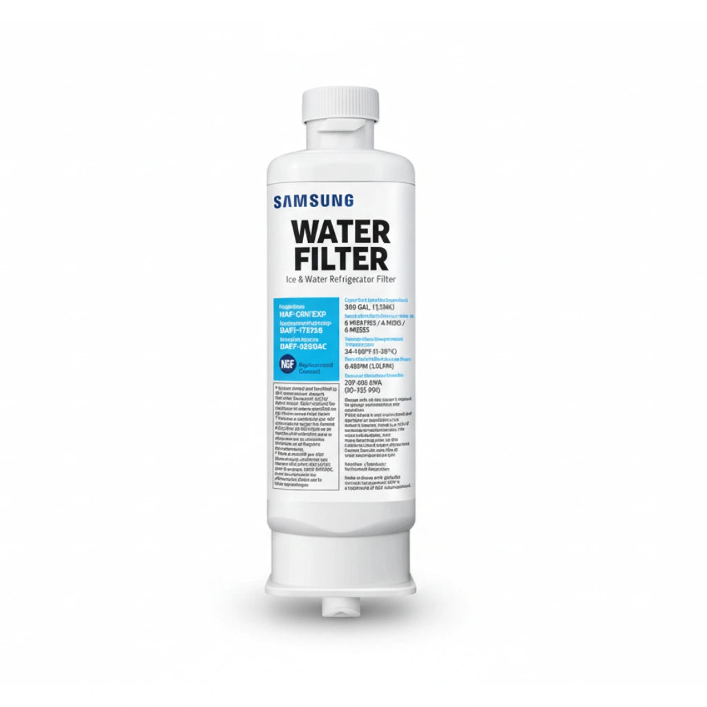 Samsung HAF QIN/EXP refrigerator water filter front view with NSF certification label
