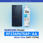 Samsung refrigerator and DA97-17376B water filter shown with RF23A9675AP AA model compatibility label.