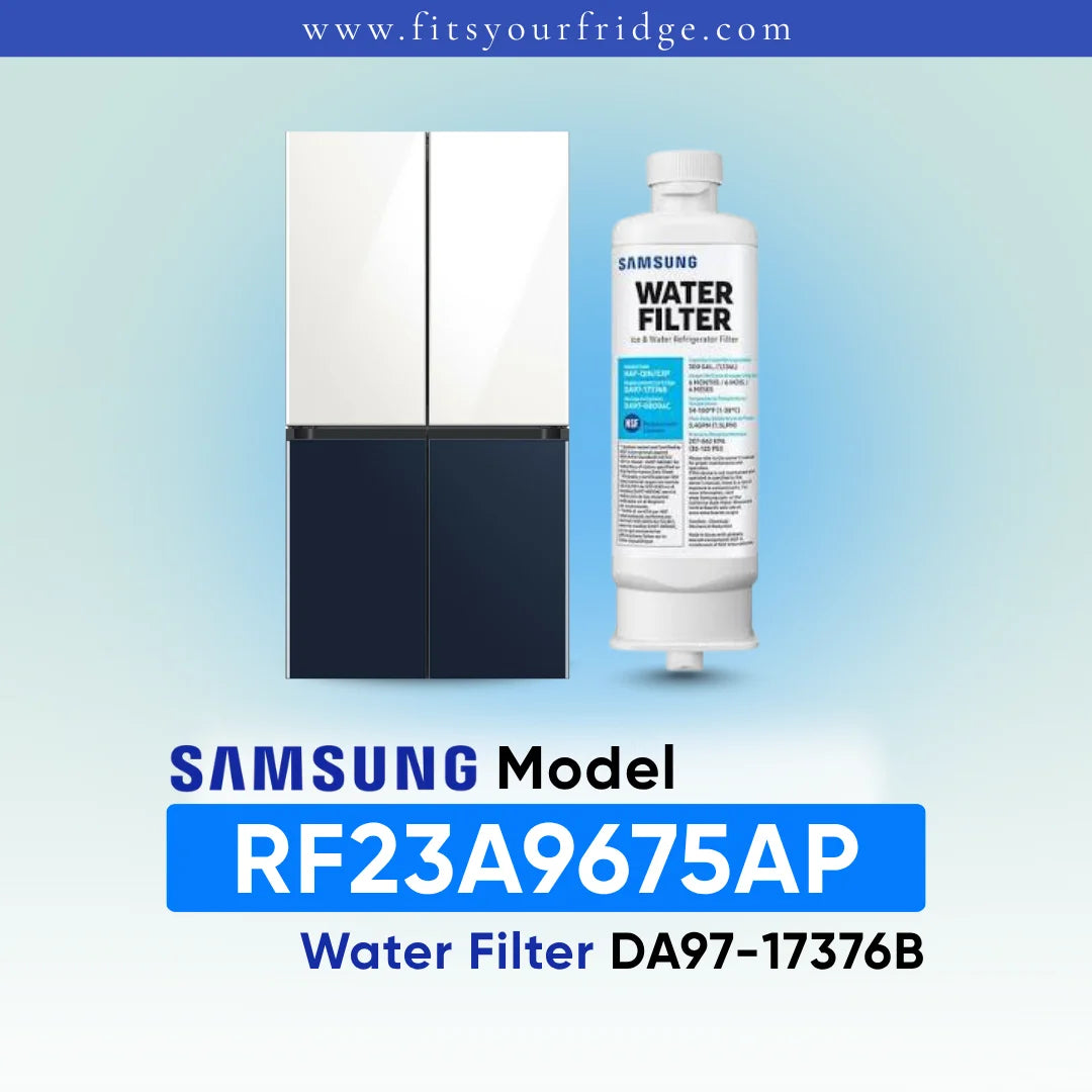 Samsung water filter cartridge shown next to a refrigerator on a light blue gradient background, with text reading 'SAMSUNG Model RF23A9675AP Water Filter DA97-17376B' and 'www.fitsyourfridge.