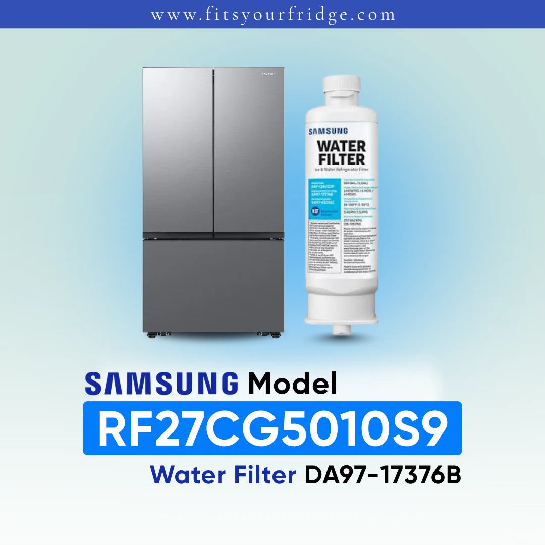 Samsung water filter cartridge shown next to a stainless steel refrigerator on a light blue gradient background, with text reading 'SAMSUNG Model RF27CG5010S9 Water Filter DA97-17376B' and 'www.fitsyourfridge.