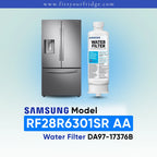 Samsung refrigerator and DA97-17376B water filter shown with RF28R6301SR AA model compatibility label.