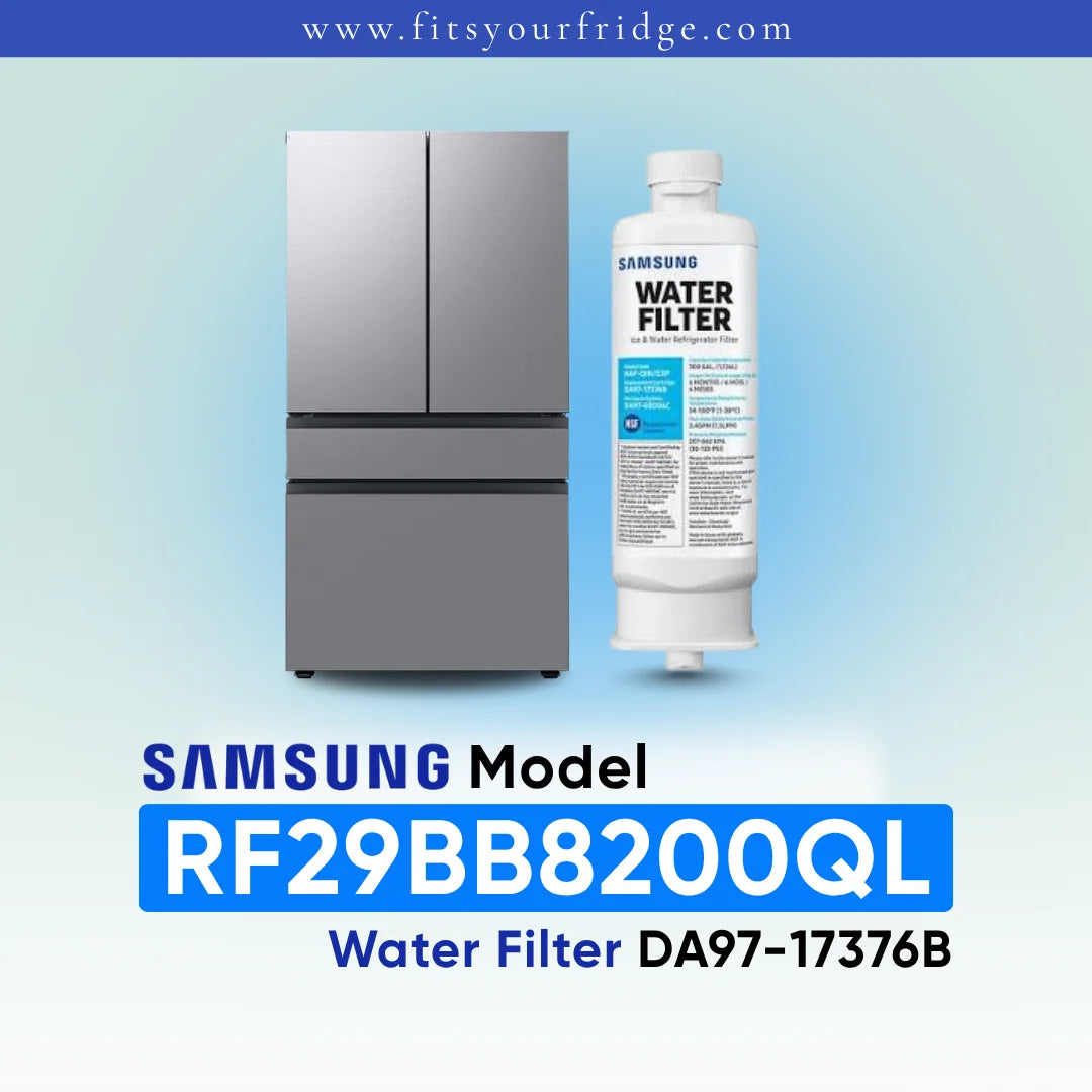 Samsung water filter cartridge shown next to a stainless steel refrigerator on a light blue gradient background, with text reading 'SAMSUNG Model RF29BB8200QL Water Filter DA97-17376B' and 'www.fitsyourfridge.