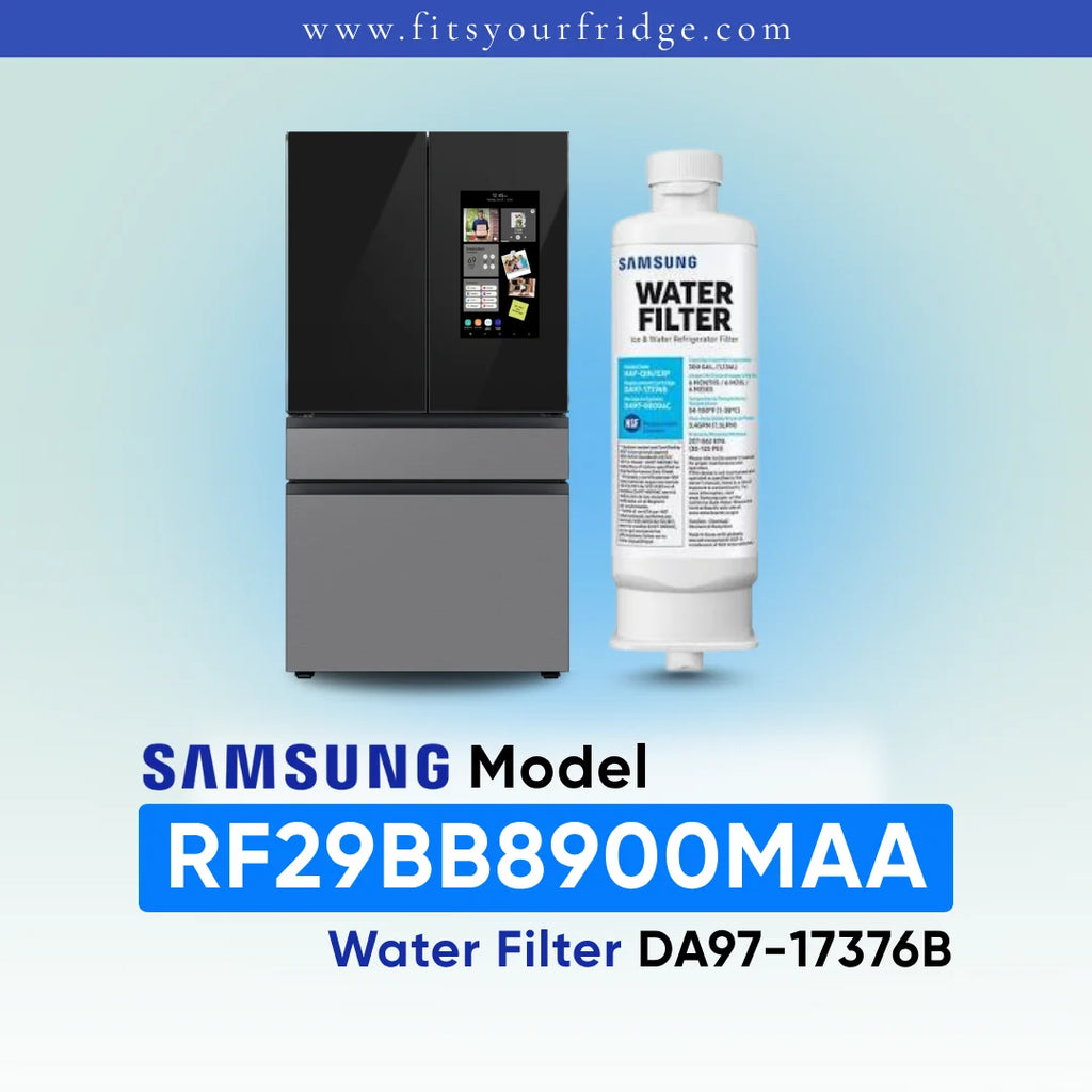 Samsung water filter cartridge shown next to a stainless steel and upper black refrigerator on a light blue gradient background, with text reading 'SAMSUNG Model RF29BB8900MAA Water Filter DA97-17376B' and 'www.fitsyourfridge.