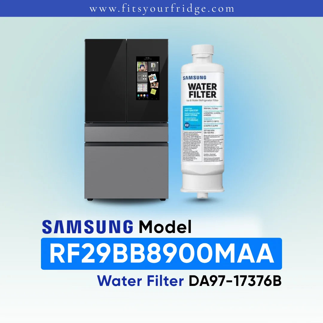Samsung water filter cartridge shown next to a stainless steel and upper black refrigerator on a light blue gradient background, with text reading 'SAMSUNG Model RF29BB8900MAA Water Filter DA97-17376B' and 'www.fitsyourfridge.